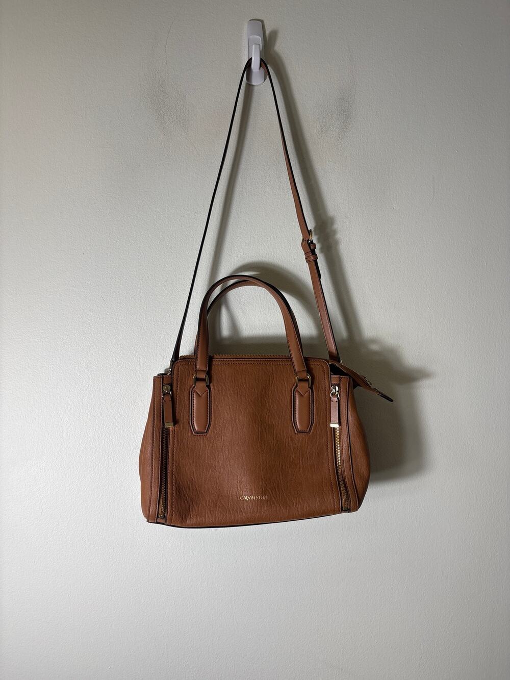 Calvin Klein Caramel Brown Vegan Leather Satchel Handbag